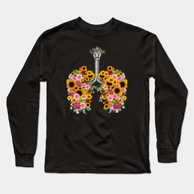 Lung Anatomy, floral sunflowers anatomy, Cancer Awareness Long Sleeve T-Shirt by Collagedream